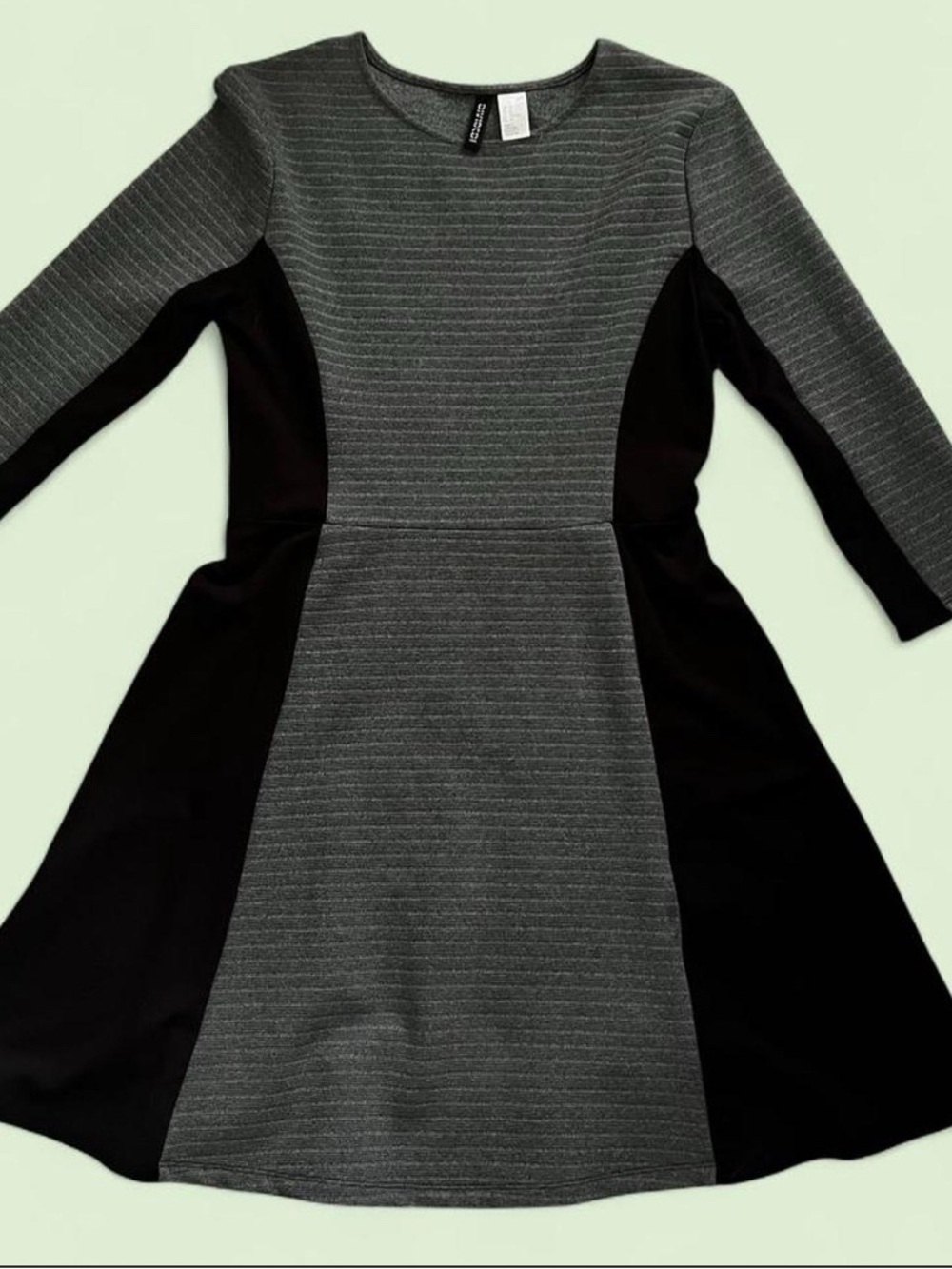 H&M Gray and Black Long-Sleeve Fit & Flare Dress